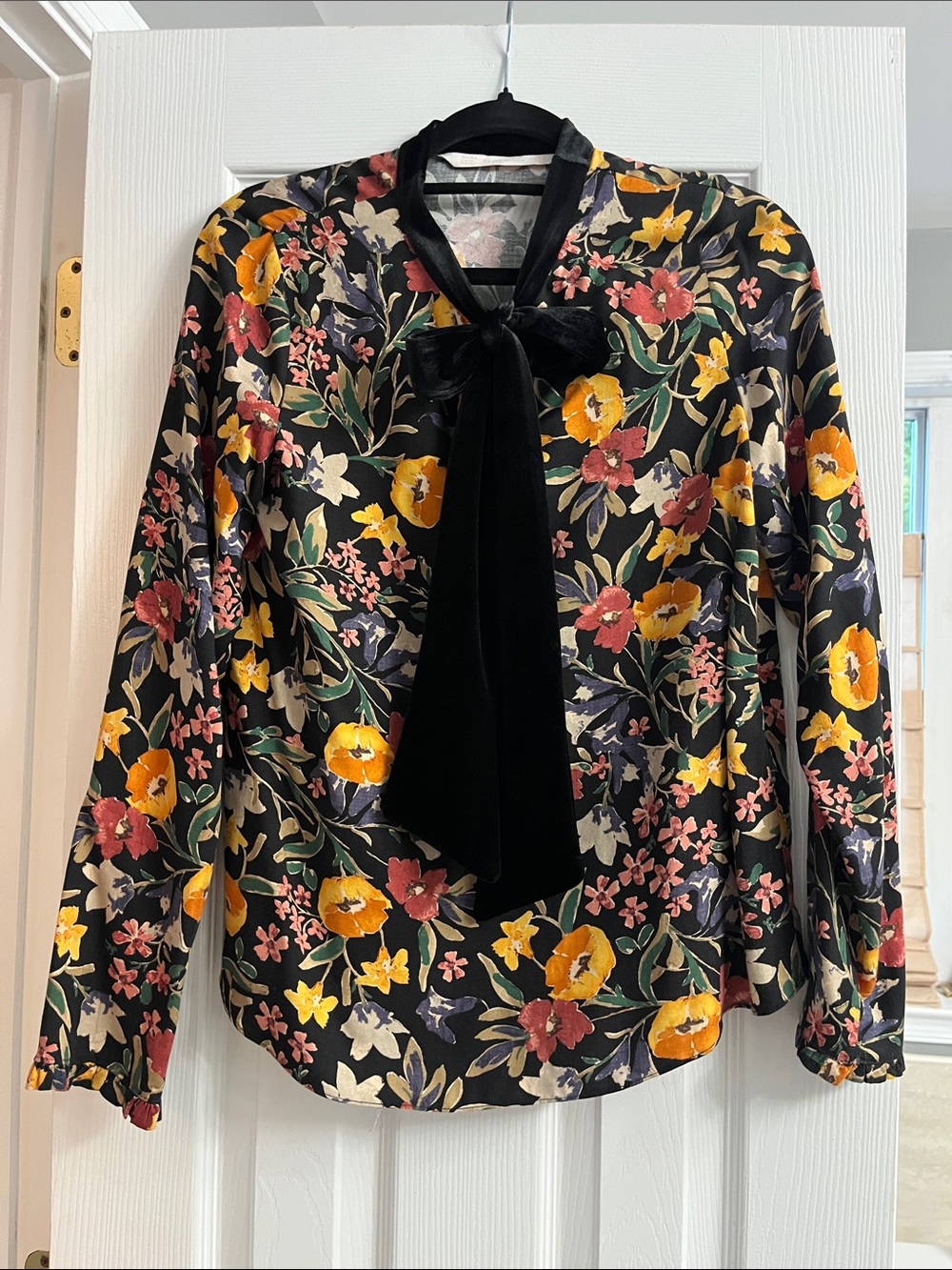 Zara Black Floral Bow-Tie Blouse with Yellow & Pink Blooms